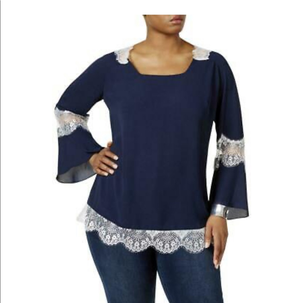 NY Collection Lace Trim 3/4 Sleeve Blue Blouse